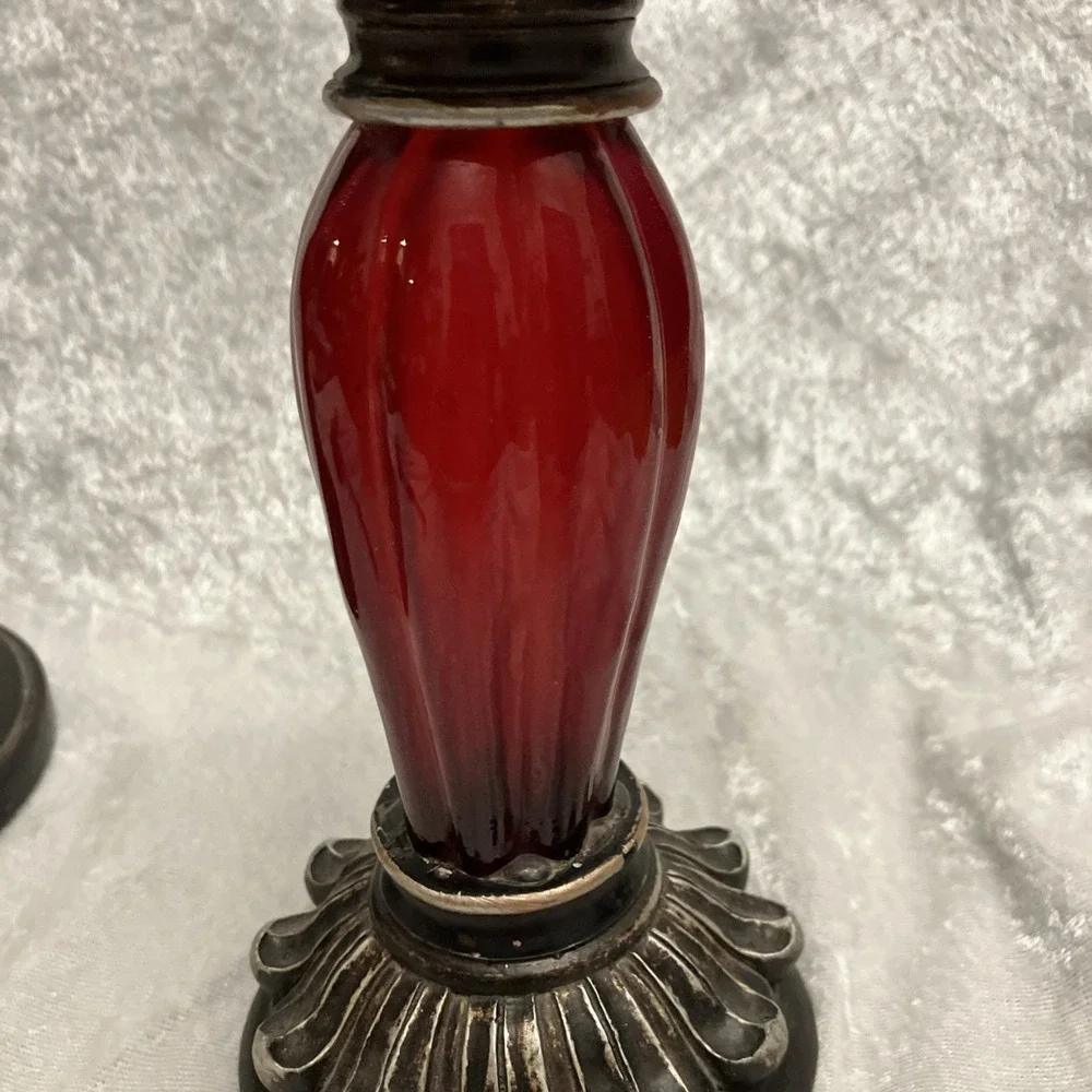 Lot of 2 Pillar Candle Holders, Red Ornate Glass Art Deco & Antiqued Brown Wood